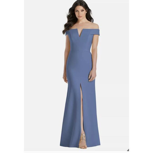 Dessy Collection Dress Womens 14 Dusk Blue Off Shoulder Notch Trumpet Gown 3038 - Picture 1 of 9